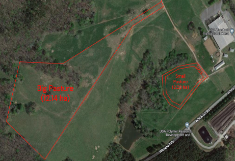 A satellite map image showing three horse housing locations used during the study. Two are outlined in red and labeled “Big Pasture (12.14 ha)” on the left and “Small Pasture (2.08 ha)” on the right. A third area, referred to as the “Pasture Track,” surrounds or connects these main pastures and represents an additional housing setup for horses. 