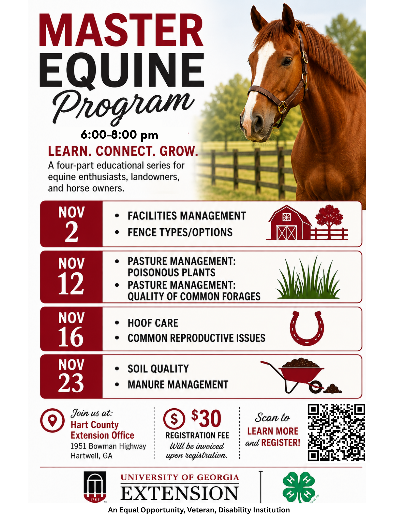 Master Equine Program – Learn. Connect. Grow. University of Georgia Extension Master Equine Program is a four-part educational series for equine enthusiasts, landowners, and horse owners. Each session is held from 6:00–8:00 p.m.